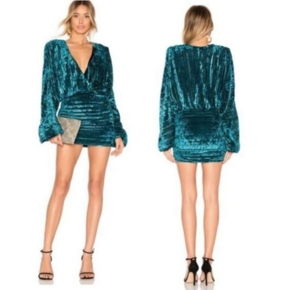 NBD Illusion Velvet Mini Dress S Teal Blue Plunging V Neck Ruched Pleated Party